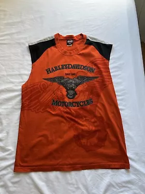 Harley Davidson Mens XL Motorcycle Orange Graphic Muscle Tee Sleeveless Shirt • $15