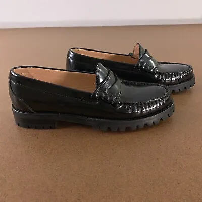 J Crew Women's Shoe Size 7 Black Leather Winona Lug-Sole Penny Loafers New • $76.49