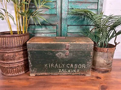 Vintage Rustic Hungarian Workman's Carpenters Wooden Trunk Chest Storage Box • £95