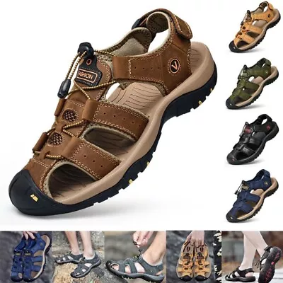 UK Men Summer Sandals Outdoor Walking Hiking Beach Close Toe Leather Shoes Size • £23.27