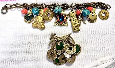 Vtg Signed ART Bakelite Asian Pendant Necklace Enhancer Clip & Charm Bracelet • $88