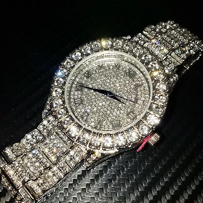 Men Hip Hop Iced Bling White Gold PT Rapper's Lab Diamond Urban Metal Watch • $28.99