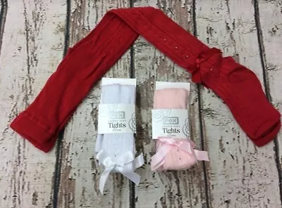 £7.99 • Buy Pex Spanish Cotton Soft Cameo Ribbon Bow Tights, With Heart And Diamante Detail