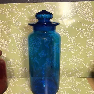 Vintage MCM Blue 13 1/2” Takahashi Apothecary Jar Canister Daisy Lid Blown Glass • $45