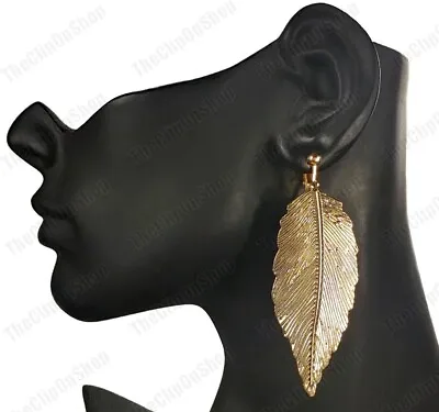 CLIPs/hooks LARGE 3 Long BIG GOLD LEAF Leaves FASHION EARRINGS Textured Metal • £2.99