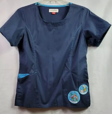 Mary Engelbreit Scrub Top Womens Med  Elves On Pocket Dk Blue Pit To Pit 21in  • $11.90