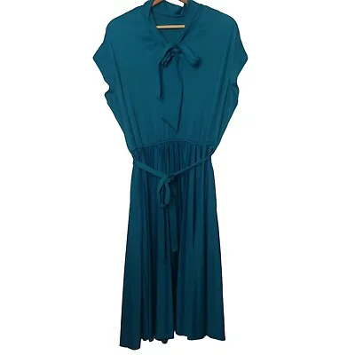 Vintage 70s Dress Stretch Polyester Pleated Short Sleeve Blet Tie Neck Teal Midi • $42.49