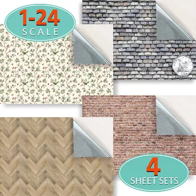 Dolls House 1:24 Stick On Vinyl Wallpapers Choice Of 220 Styles - Pack Of 4 • £3.99