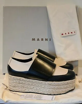 MARNI Black Beige Leather Platform Wedge Espadrille Shoes Strap Size 40 New Box • £230