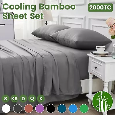2000TC Bamboo Fitted Flat Sheet Set Pillowcase S/KS/D/Q/King Bed Soft Breathable • $47.99