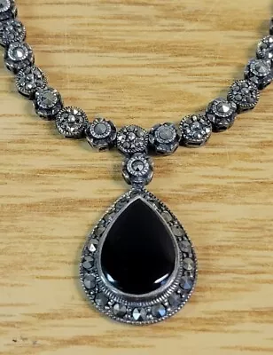 Vintage Sterling Inlaid Black Onyx & Floral Marcasite Lavalier Necklace Pendant • $49.99