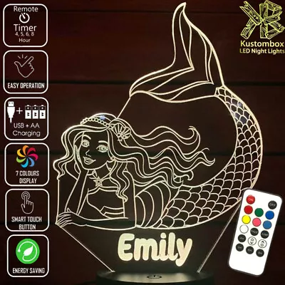 Mermaid Barbie Personalised Name 3d Led Night Light Lamp + Remote Control • $39.99