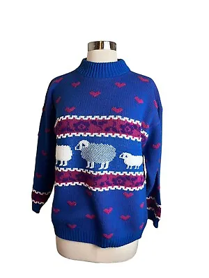 Private Eyes Sheeps With Hearts Sweater Blue Funky Blue Pink S VTG Made In USA • $29.99