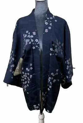 AUTHENTIC Kimono Japanese Vintage Silk Women Haori Jacket Blue Cherry Blossom • $68.95