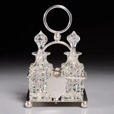 (2) Vintage Cut Glass Square Cruet Bottles W/ Sheffield EPNS Silverplated Stand • $40