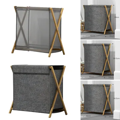 Linen Nylon Laundry Baskets Bamboo Frame Washing Clothes Storage Basket Uk • £13.94