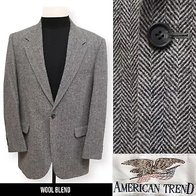 VINTAGE TWEED HERRINGBONE Mens Gray Wool Sport Coat Suit Jacket Blazer 42 R • $49.99