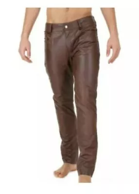 Mens Biker Jeans Real Brown Cow Leather Sleek And Sexy 501 Style Pants Size 32  • $80.22