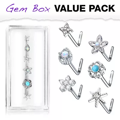 6pc Box Value Pack Opal / Turquoise / CZ Gem Shapes 20g Steel L-Bend Nose Rings • $12.99