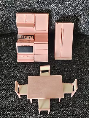 Vintage Renwal Dollhouse Furniture Pink Kitchen With Stove  Fridge Table & Chair • $29.95