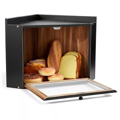 Extra Large Black Wooden Corner Bread Box Kitchen Countertop With Clear Airtight • $37.84