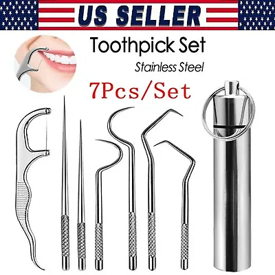 7PCS Stainless Steel Toothpick Set Metal Flossing Portable Toothpick Box Holder • $6.99