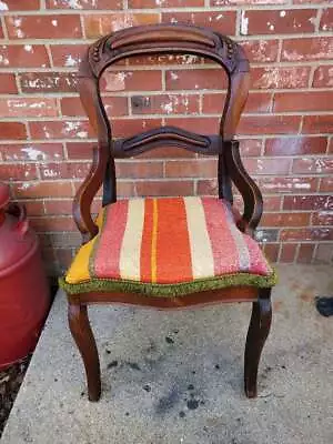 Vintage Striped Upholstered Seat Chair Carved Back Bentwood Walnut • $82.49