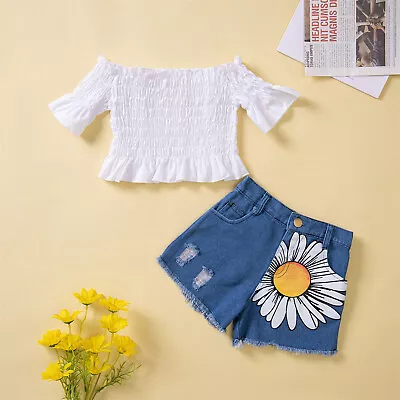 Newborn Toddlers Kids Girl Clothes Short Sleeves Top Sunflowers Jeans Shorts • $29.59