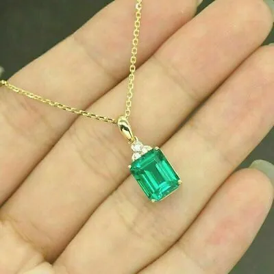 £94.47 • Buy 2 Ct Emerald Cut Green Emerald & Diamond Pendant Necklace 14k Yellow Gold Over