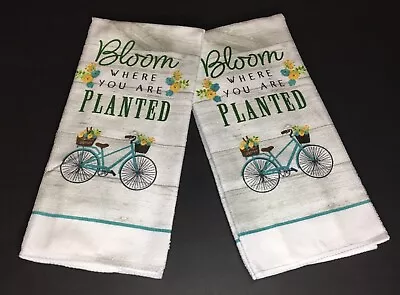 New Set Of 2 Microfiber Kitchen Towels Teal Bicycle Bloom Where You Are Planted • $11.99
