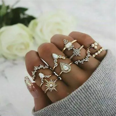 Boho Bohemian 10Pcs/Set Geometric Knuckles Rings Sets Crystal Stone Gold Women • $2.59