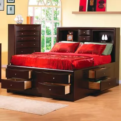 King Cappuccino Bookcase Footboard Side Storage Drawers Bed Bedroom Furniture • $1399