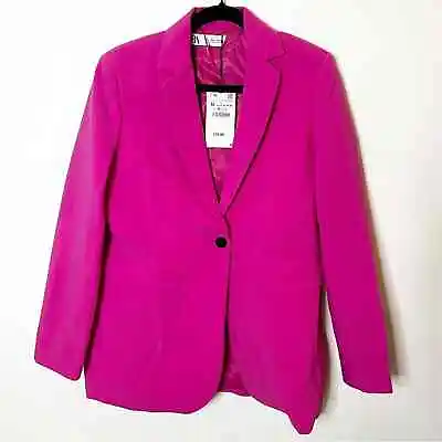 NWT Women's SZ M Zara Blazer Fuchsia Hot Pink Jacket Long Sleeve Two Pockets  • $64