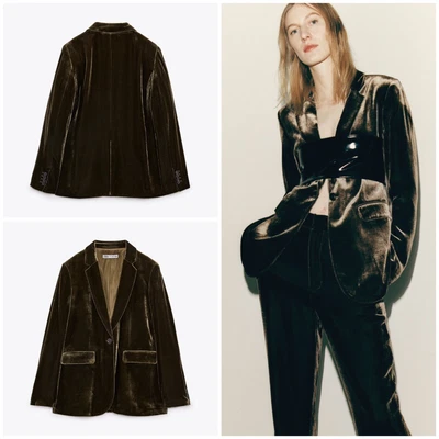 £58 • Buy ZARA Mulberry Silk Velvet Blazer Size S 8 10 Dark Olive Limited Edition £119