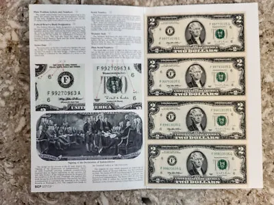 1995 Two Dollar US Bureau Of Engraving Uncut Sheet Four $2 Notes Atlanta Georgia • $44.95