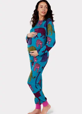 Chelsea Peers Maternity Leopard Print Pyjama Set Blue/Multi Size 14 Large • £45