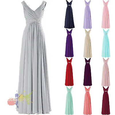 V-Neck Chiffon Long Bridesmaid Formal Gown Ball Party Evening Prom Dress 6-24 • £45.90