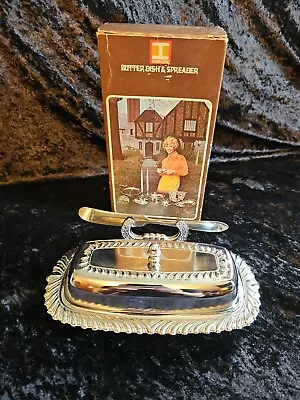 VINTAGE 1971 Irvinware Butter Dish Spreader Lid Glass Insert Chrome IN BOX • $15