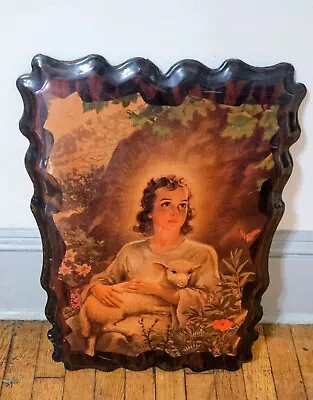 Vintage Warner Sallman Jesus W/ Lamb Lacquered Wood Print Wall Hanging Picture • $5