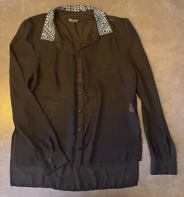 Women’s Internacionale Black Button Up Shirt With Gold Collar Detail Uk Size 8 • £10