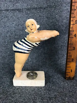 Small Vintage Chalkware Figurine Of A Woman In A Stripped Bathing Suite Diving • $69.95