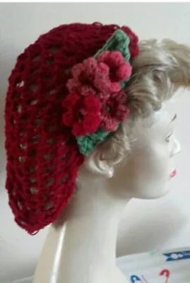 £16 • Buy Hair Snood Crochet 1940s Hair Net Red Flower Vintage Style Accessory Ww2