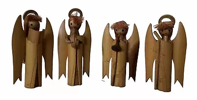 Vintage S/4 Hand-Carved Wooden Bamboo Angels Figurines 6.5” Christmas • $32