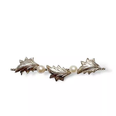 Vintage Etched Sterling Silver Leaves Freshwater Pearl Bar Brooch Pin • $34.99