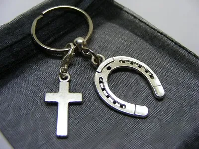 £3.95 • Buy Lucky Horseshoe & Cross Crucifix Charm Keyring With Gift Bag (NC)