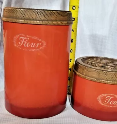 2 Canisters Flour Tea Burlington Crafts Woodbury Metal  Cheinco 1970 Orange  • $12.95