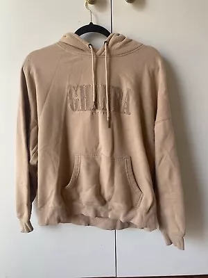 Ghanda Womens Hoodie Size 8 Beige Relaxed Fit Big Logo Embroidery Hooded Sweat • $19.99