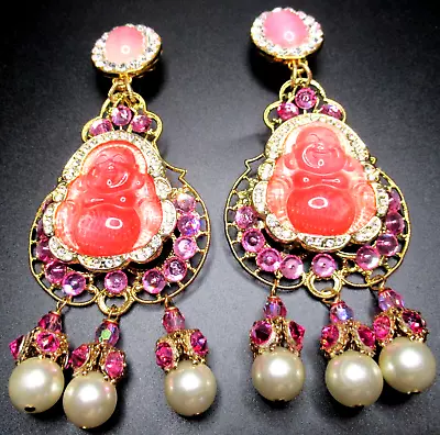 LAWRENCE VRBA Beautiful Pink Buddha Rhinestone Cabochon 4 3/4  Earrings • $399.99