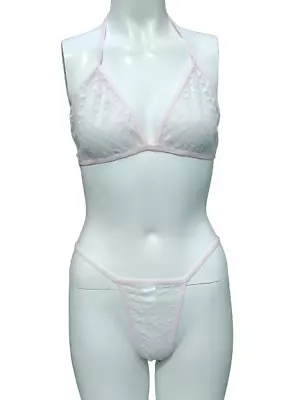 Baby Pink Heart Patterned Halter Neck Mesh Lingerie Set Size 12 • £6