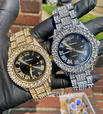 Hip Hop Cubic Zirconia Bling Iced Gold PT Black Luxury  Mens Rapper Wrist Watch • $25.64